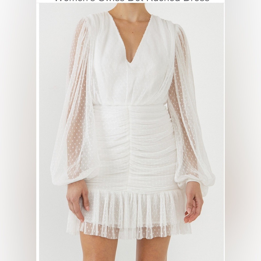 endless rose Women’s Swiss Dot Rushed Long Sleeve Mini Dress Size M White